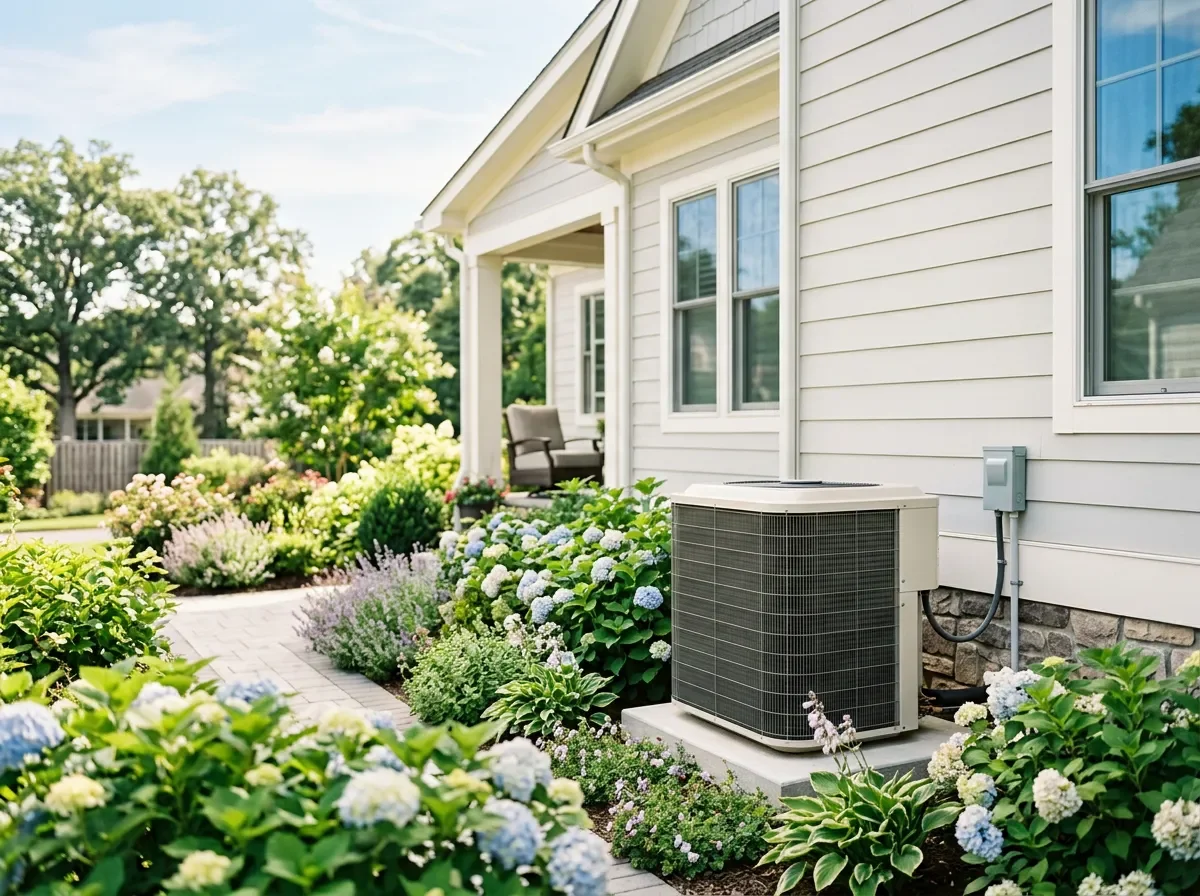 High-efficiency heat pump surrounded by green landscaping