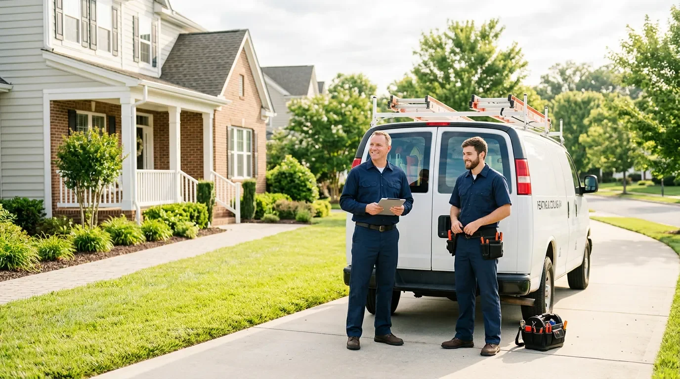 Commonwealth technicians beside their service van on a sunny morning