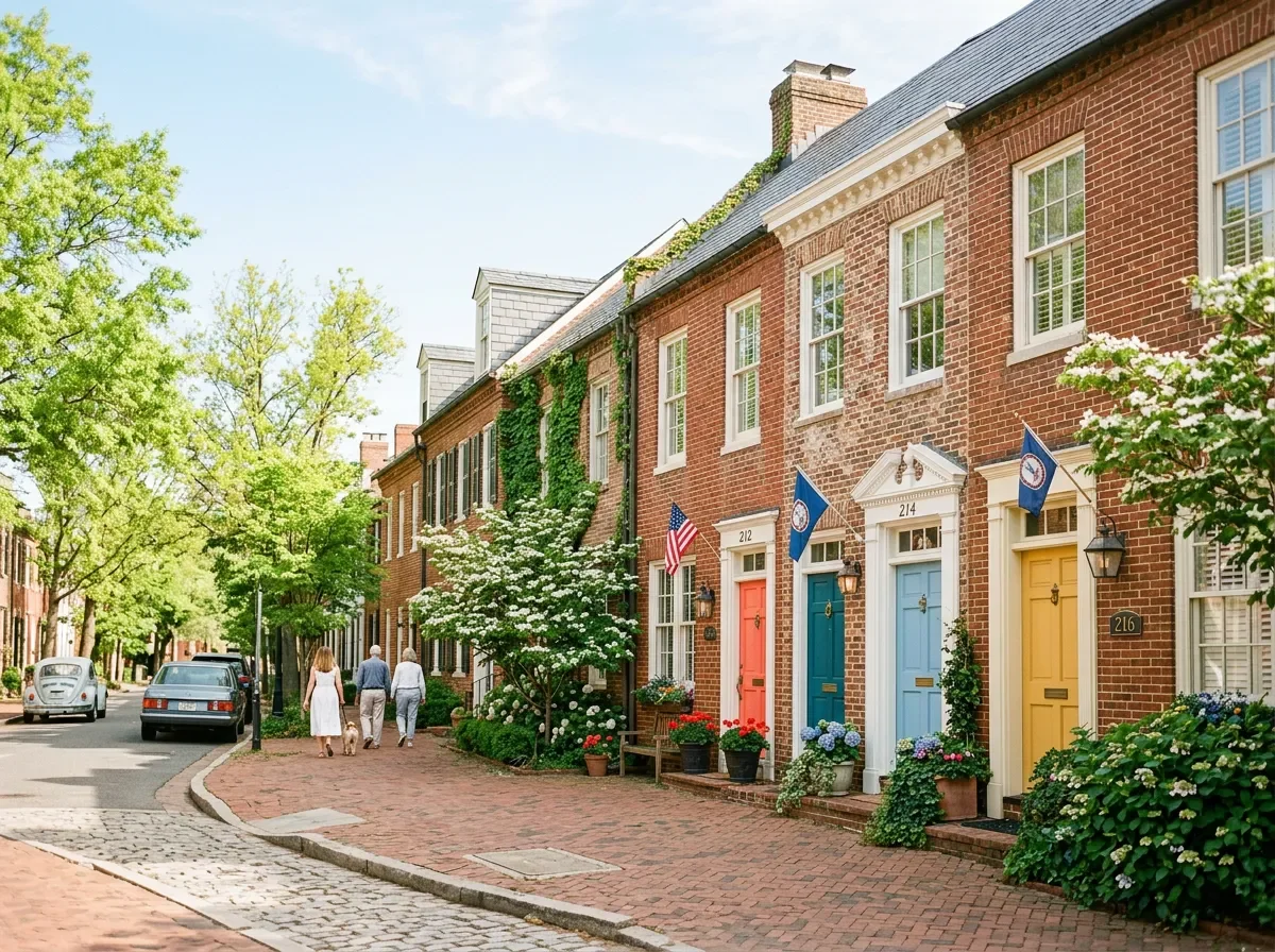Historic brick rowhouses in Old Town Alexandria on a sunny morning