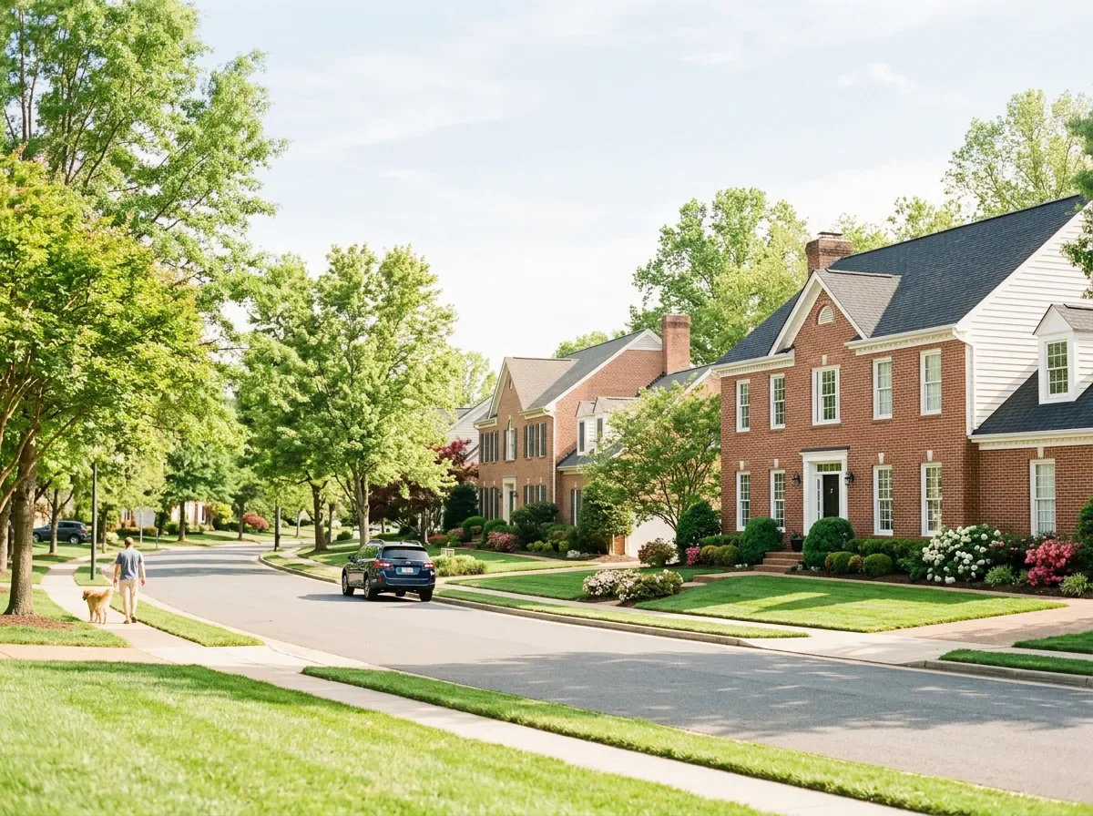 Sunny tree-lined street of brick homes in Lorton, Virginia