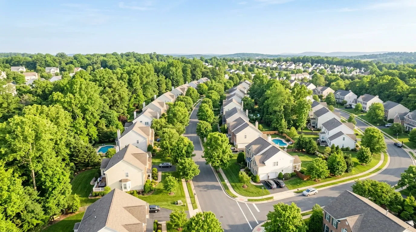Aerial view of a leafy Northern Virginia neighborhood