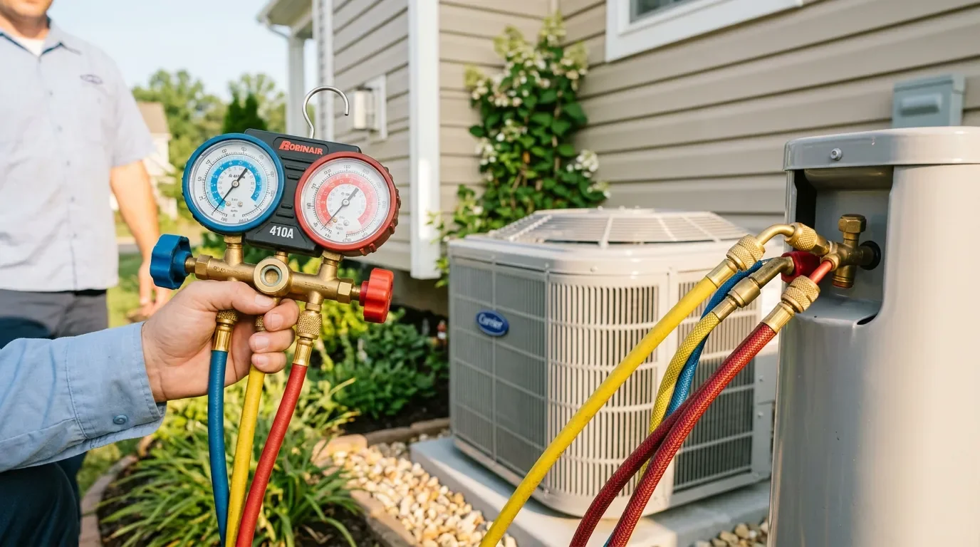 Refrigerant gauges connected to an AC system