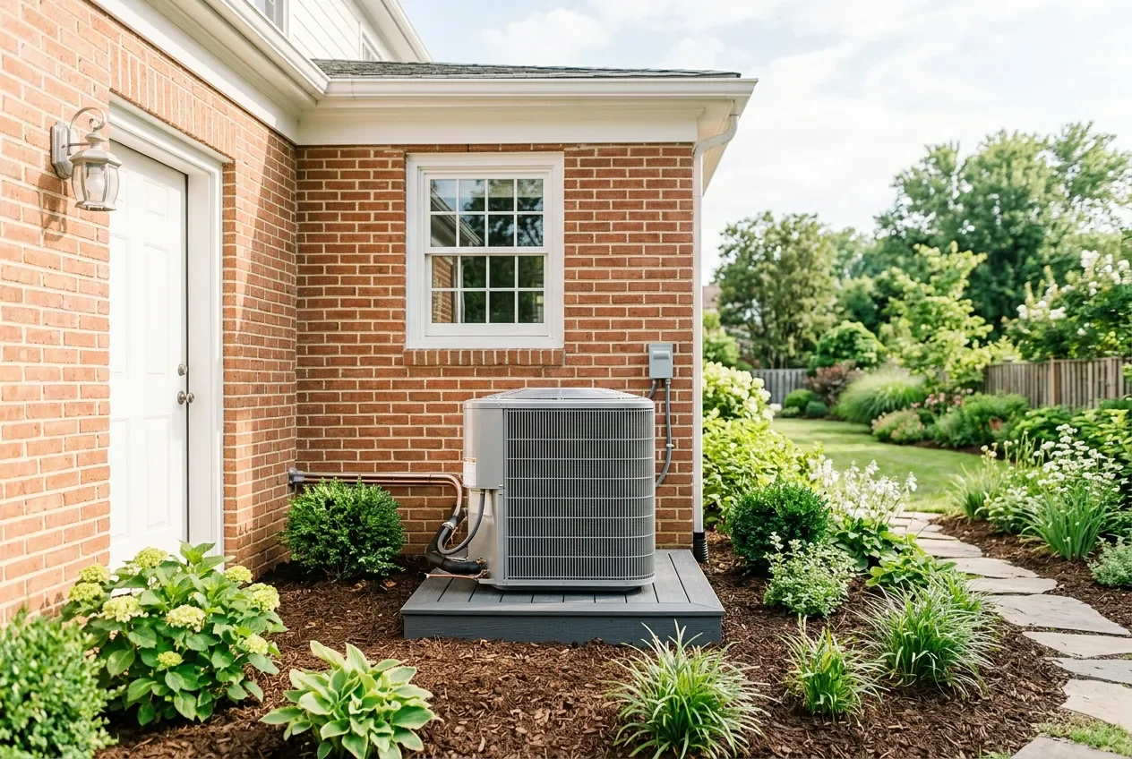 New condenser unit level on a composite pad beside a brick wall