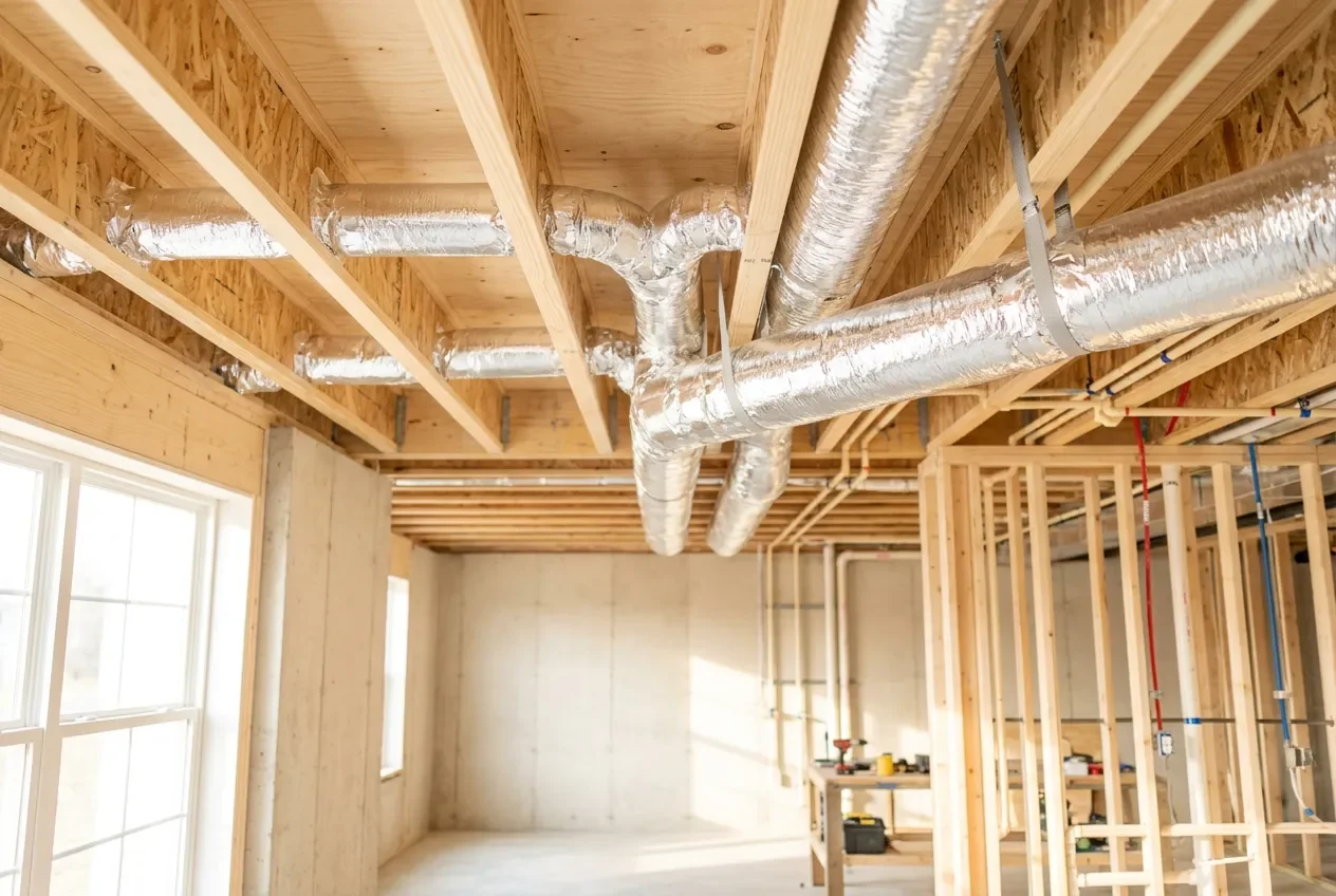 Clean sealed ductwork in a bright basement ceiling