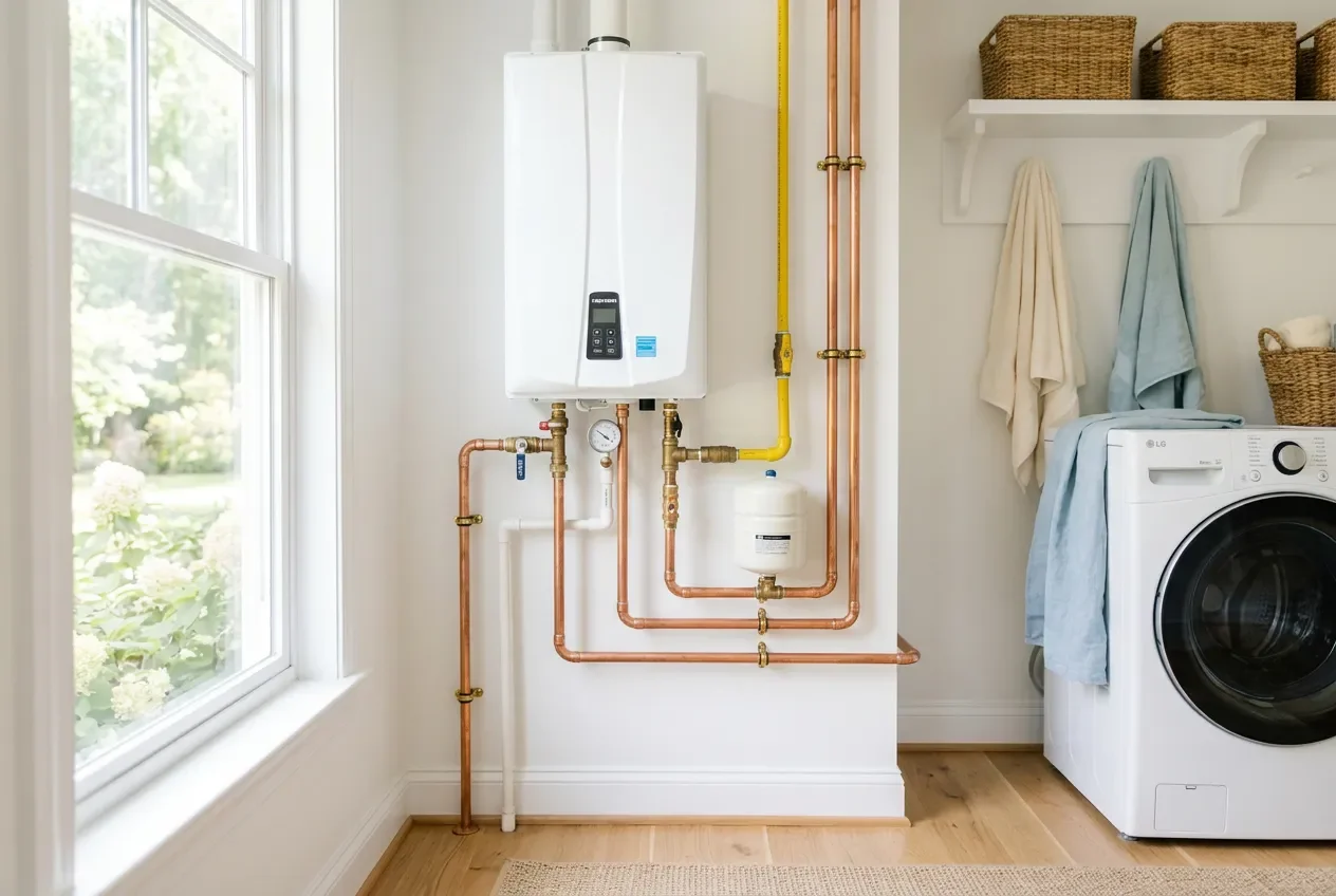 Tankless water heater with neat copper piping in a bright utility room