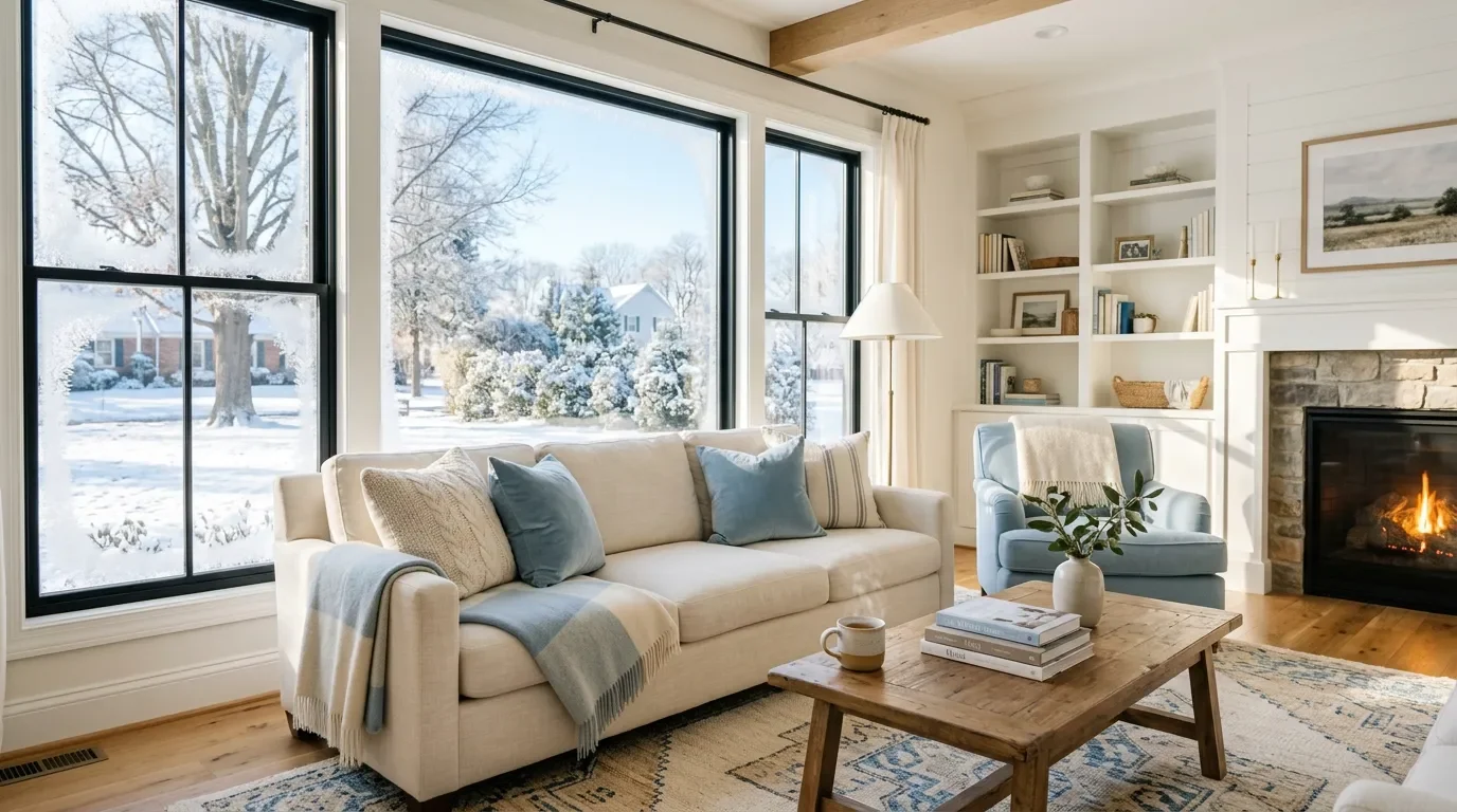 Warm, bright living room on a sunny winter morning