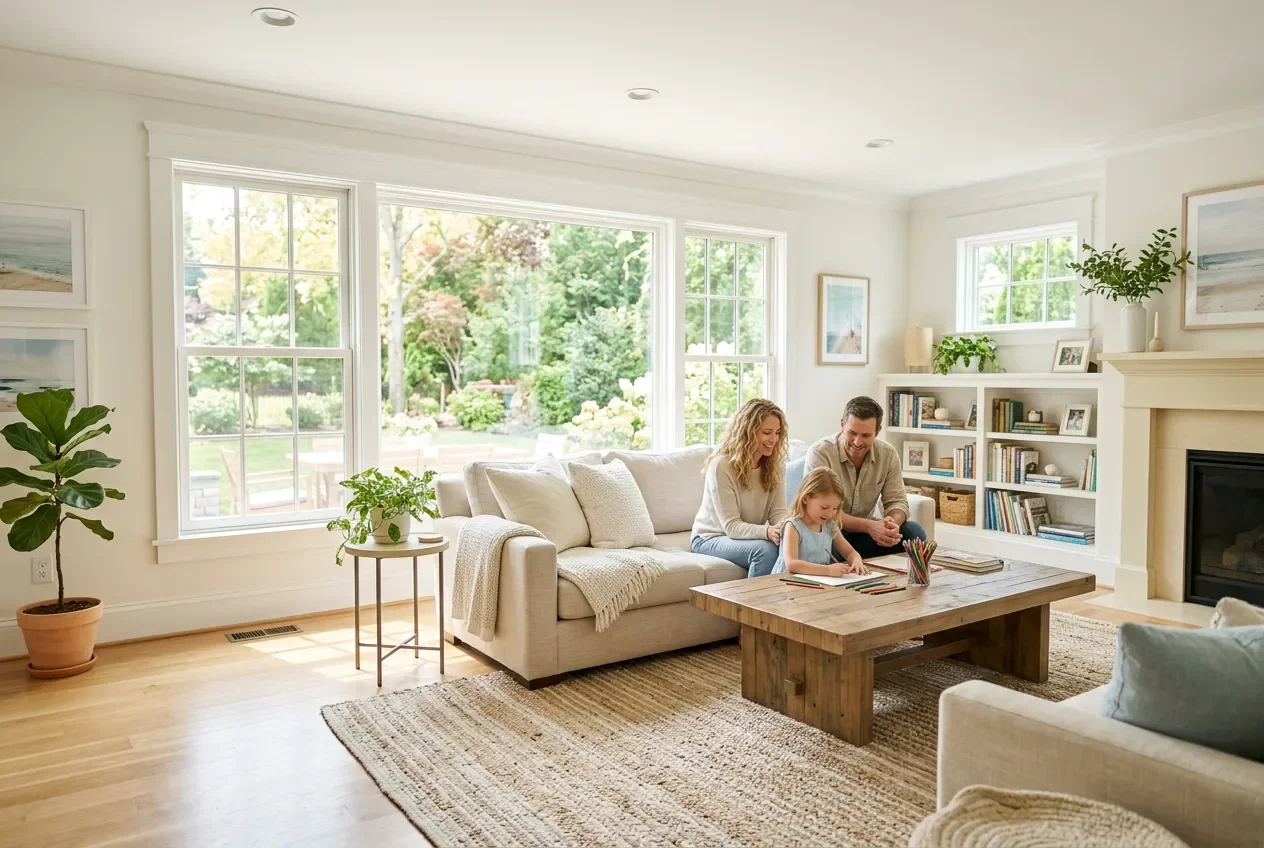 Bright family living room with sunlight through large windows