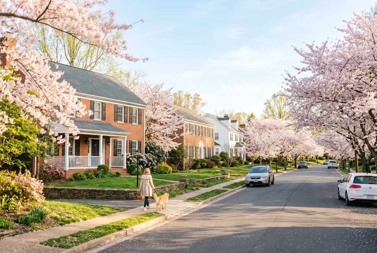 Sunny Virginia street lined with blooming cherry trees