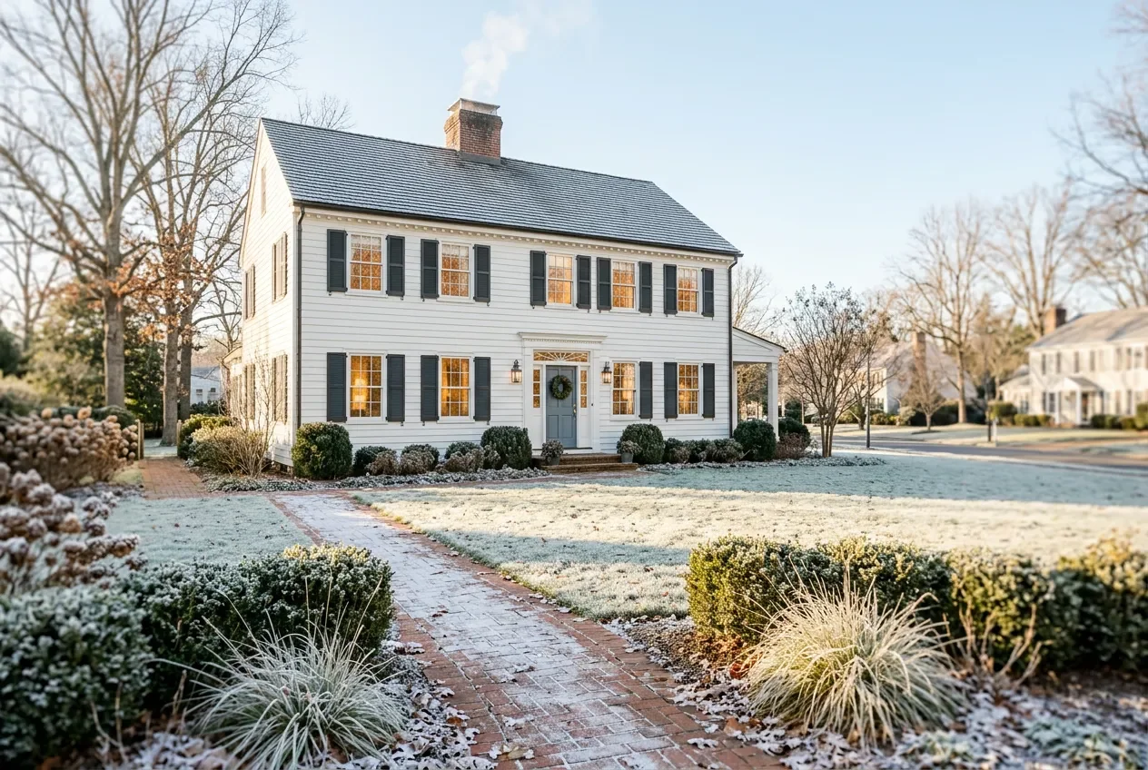 Virginia colonial home under bright low winter sun with frost on the lawn