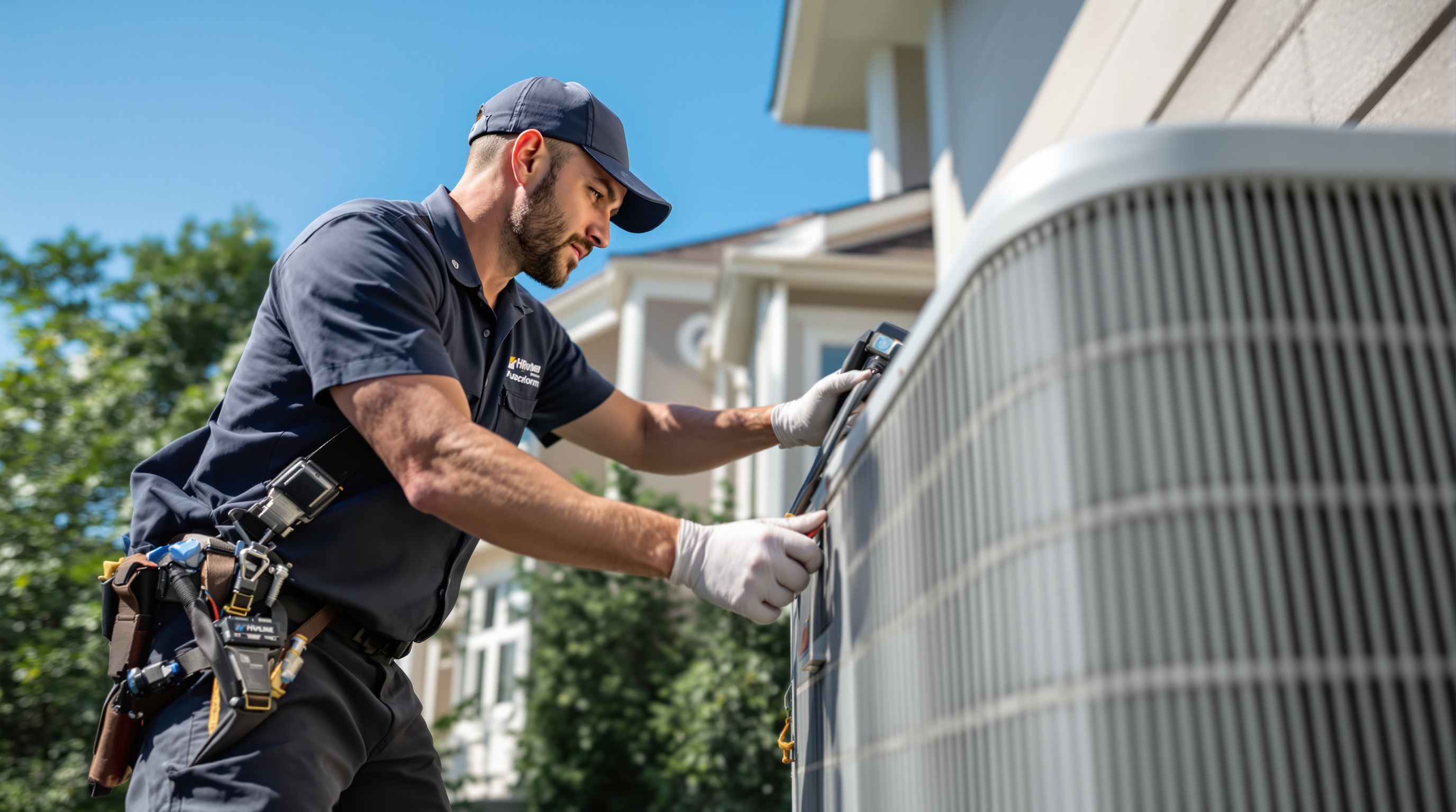 Commonwealth technician servicing a residential air conditioning condenser unit