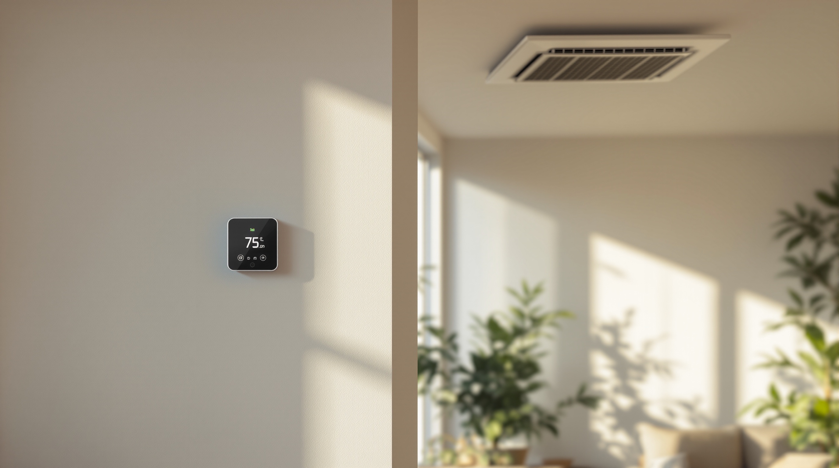 Bright, healthy home interior with fresh filtered air and a modern thermostat