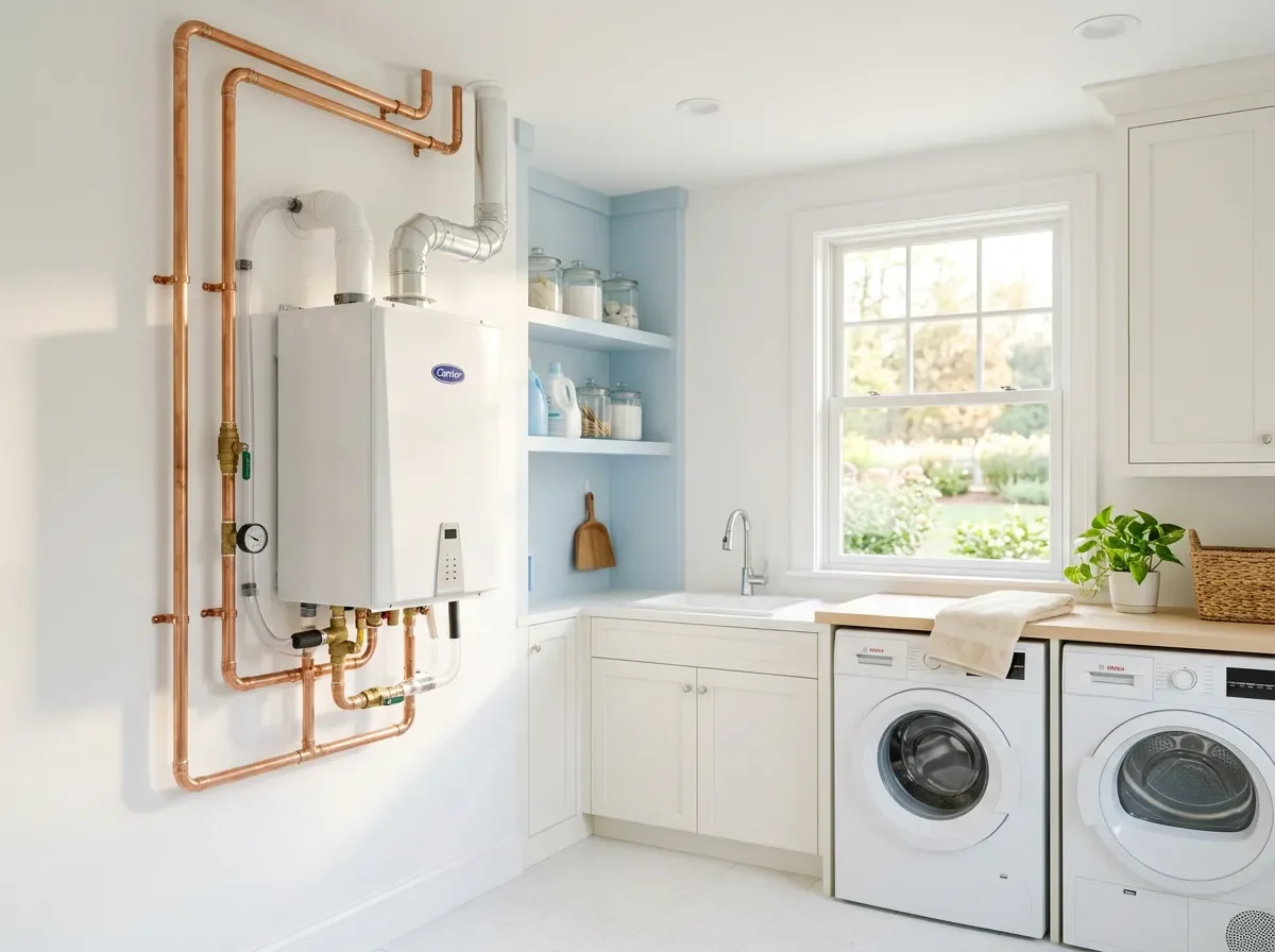 Modern high-efficiency furnace in a clean utility room