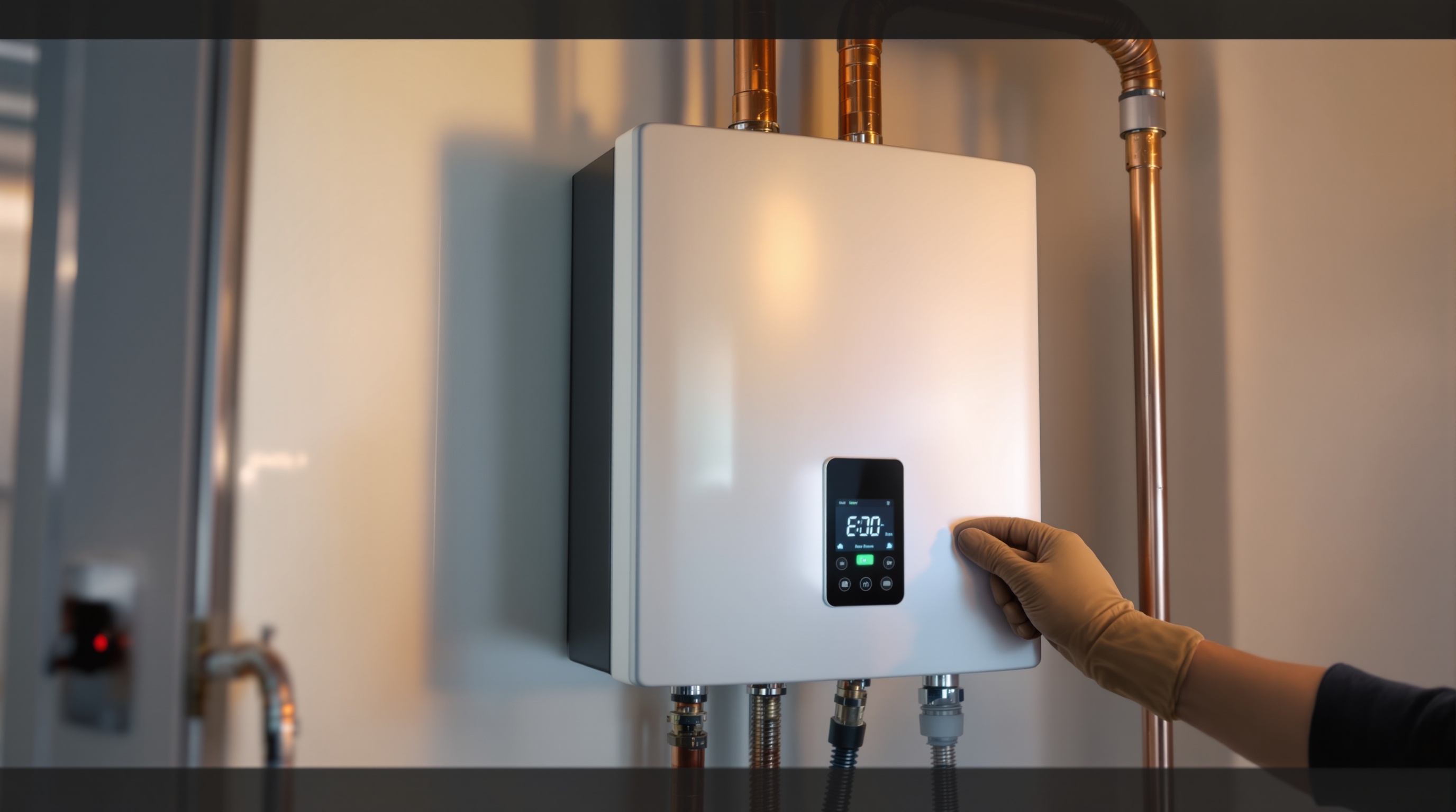 Modern tankless water heater installed in a clean residential utility room