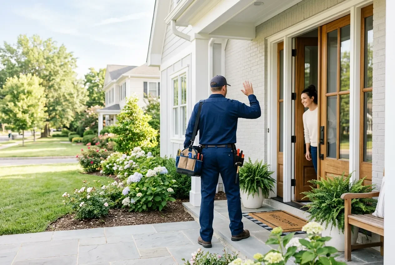 Technician greeting a homeowner at a bright front porch
