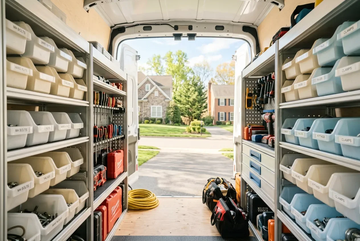 Organized service van interior with labeled parts bins
