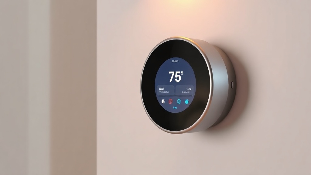 Smart thermostat mounted on a wall displaying the indoor temperature